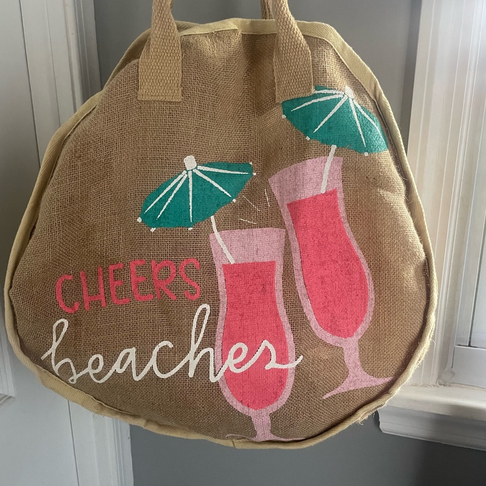 Mudpie Cheers Beaches Round Beach Tote - Pink & Teal Cocktail Design - Picture 2 of 7